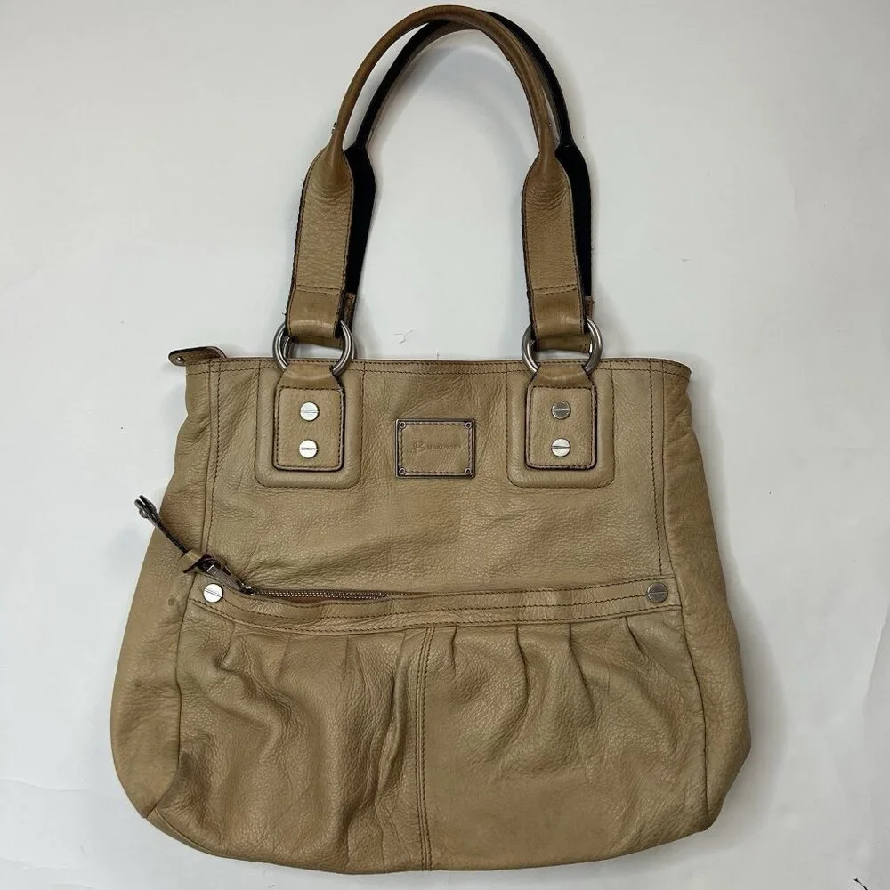 B. Makowsky Tan Leather Shoulder Bag Silver Hardware Leopard Print Lining Hobo